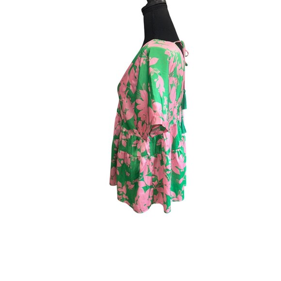 ENTRO Pink Green Floral Satin Tiered Babydoll Blouse Tassel Tie Back L Boho - Picture 9 of 10